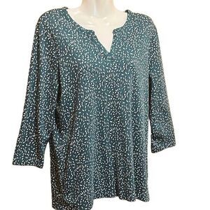 L.L.Bean womens top Sz Large green white black pullover 100% Cotton cottagecore